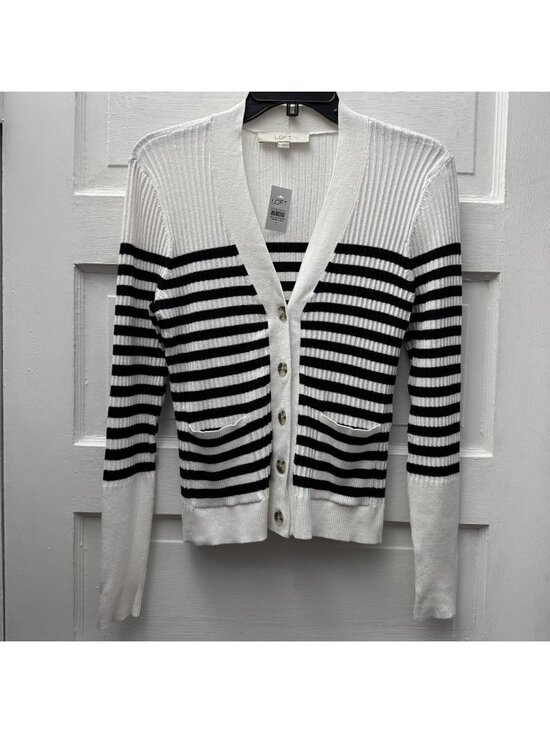 LOFT Sweaters - LOFT Striped Rib Knit Cardigan Sweater Women’s Small White Black Button Front
